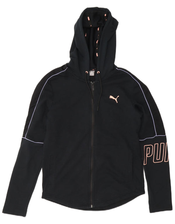 Suéter feminino Puma com capuz e zíper gráfico UK 10 pequeno algodão azul marinho