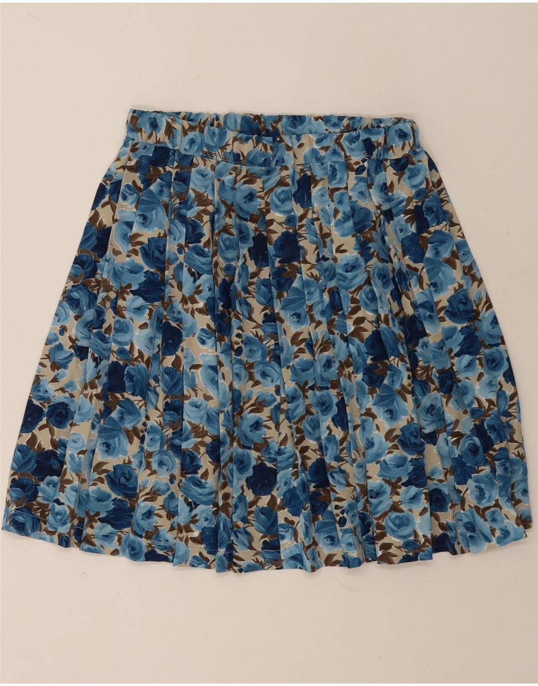 Saia plissada feminina vintage W28 floral azul médio