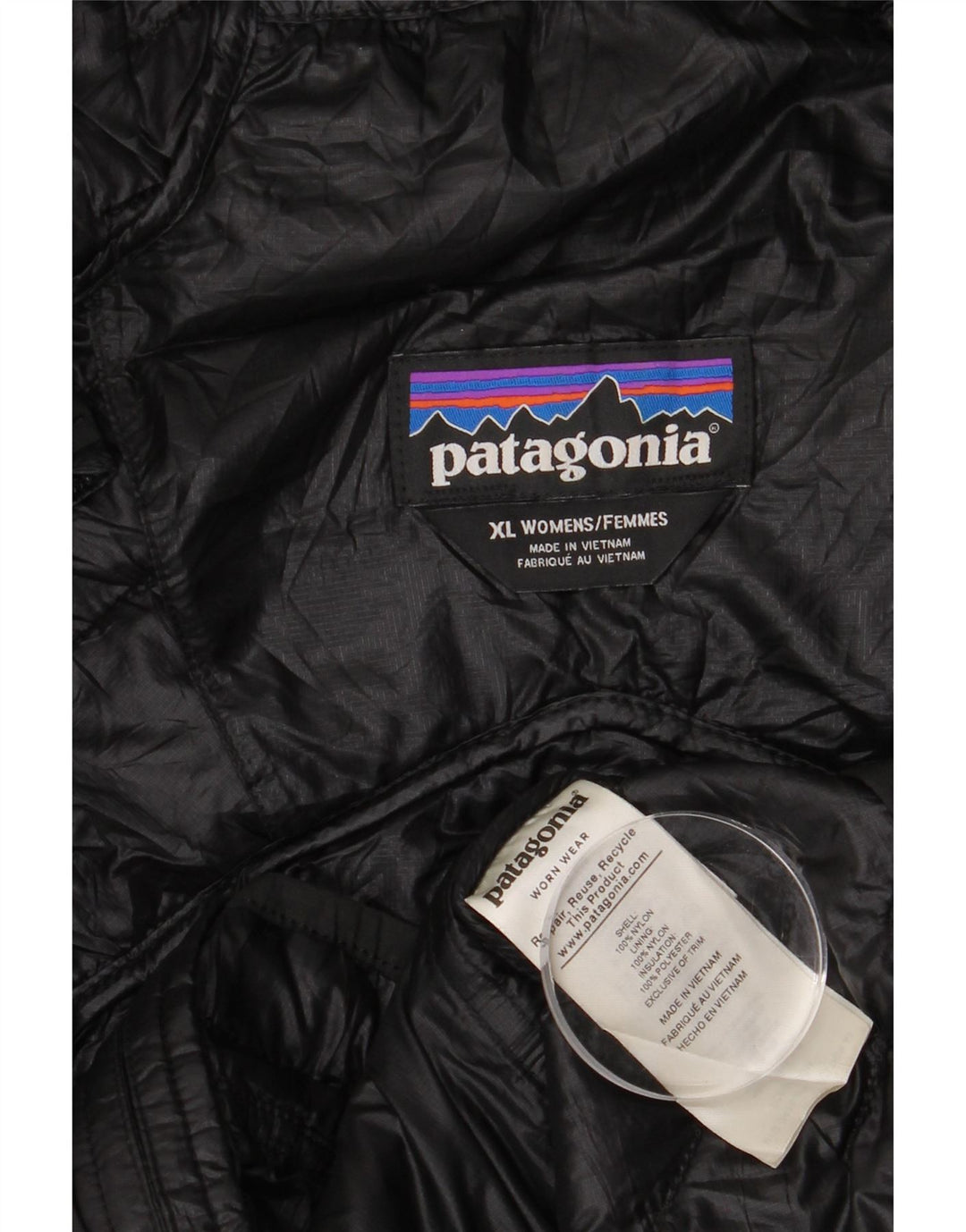 Jaqueta feminina acolchoada com capuz Patagonia UK 18 XL preto nylon