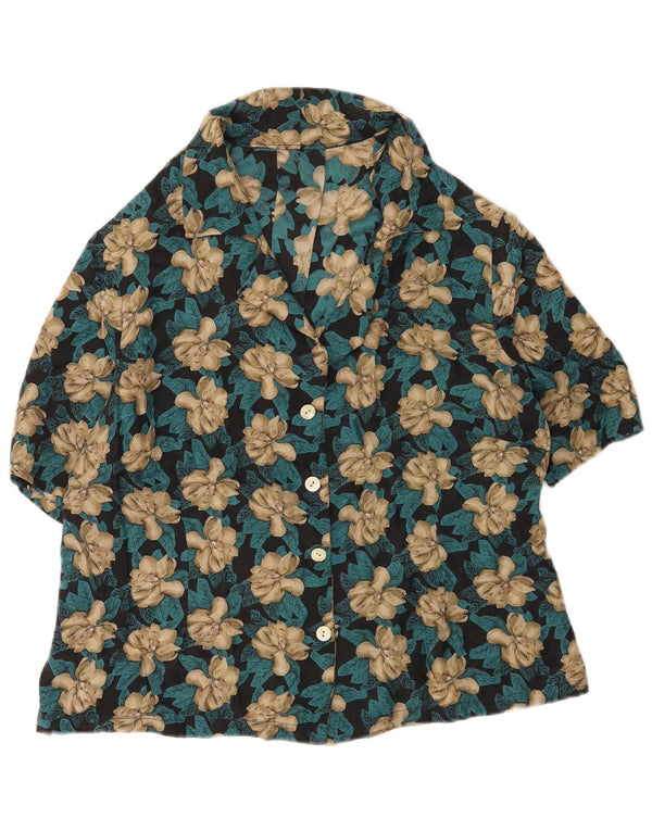 Camisa feminina vintage de manga curta UK 16 grande floral multicolorida