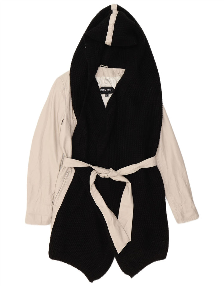 Casaco feminino GIAN MORI com capuz UK 14 médio off white couro colorblock