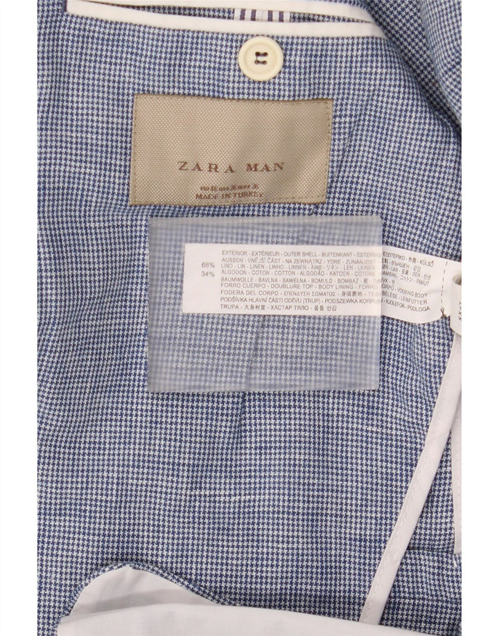 Jaqueta blazer masculina Zara com 2 botões UE 46 pequeno azul houndstooth linho