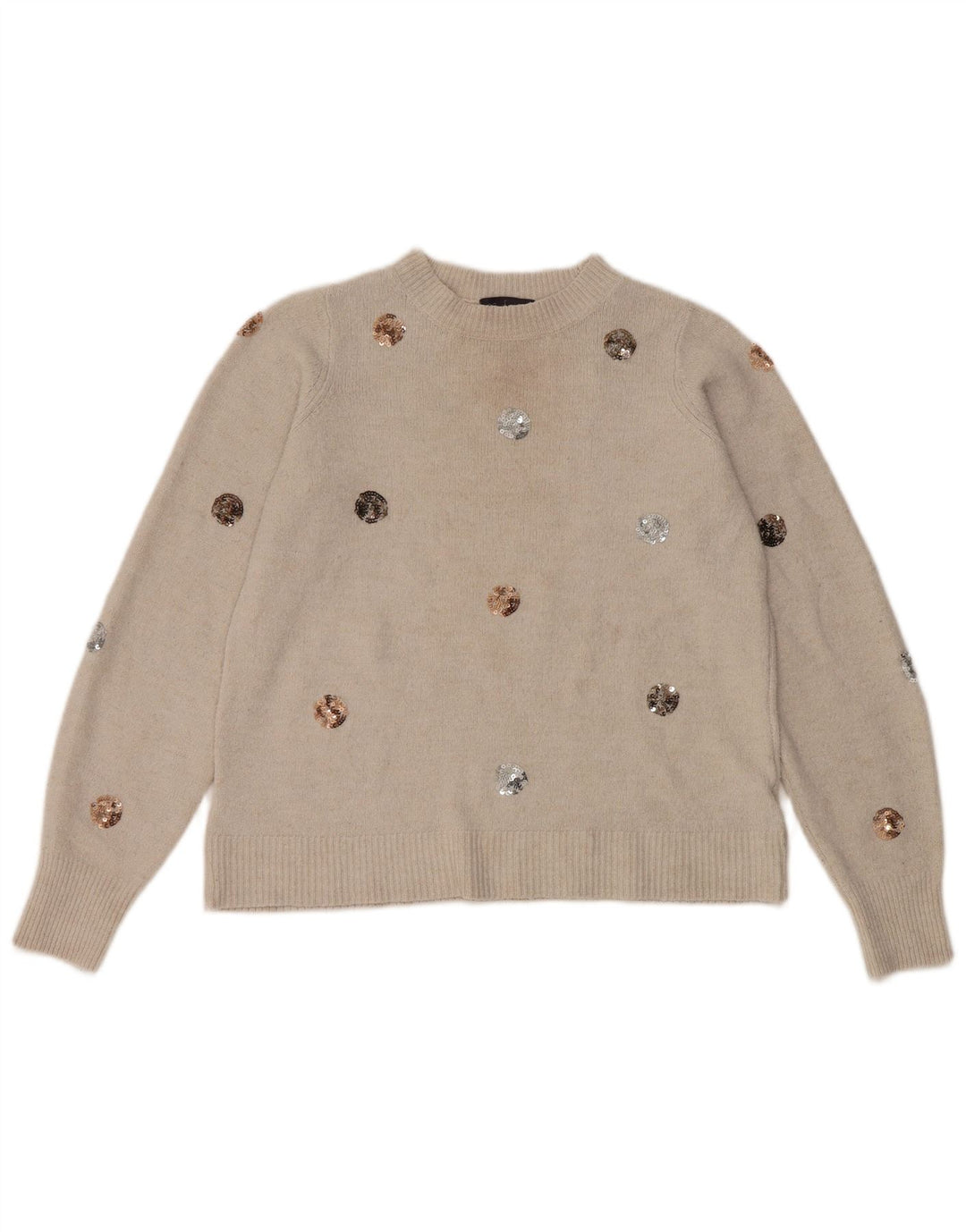Suéter feminino Marks & Spencer com gola redonda e gola redonda Reino Unido 10 pequeno bege