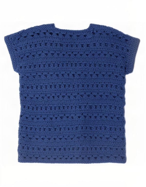 Suéter feminino vintage de manga curta com gola canoa Reino Unido 16 grande azul