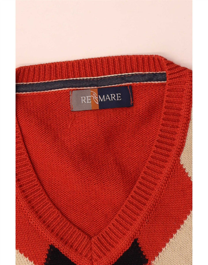 Suéter masculino Re Del Mare com decote em V, médio laranja argyle/lã diamante