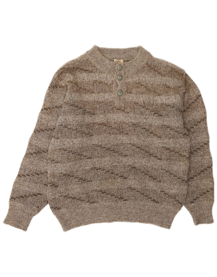 Suéter feminino vintage com gola redonda e botão UK 16 grande lã listrada marrom