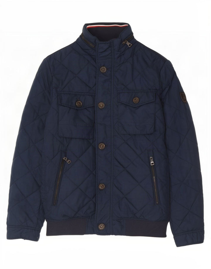 Jaqueta masculina acolchoada com capuz Tommy Hilfiger Reino Unido 36 poliéster azul marinho pequeno