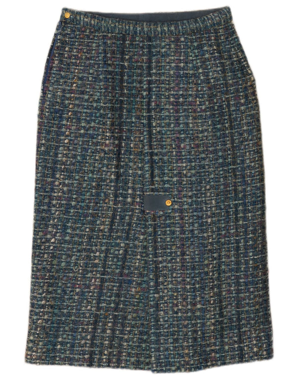Saia reta feminina vintage W28 xadrez azul médio