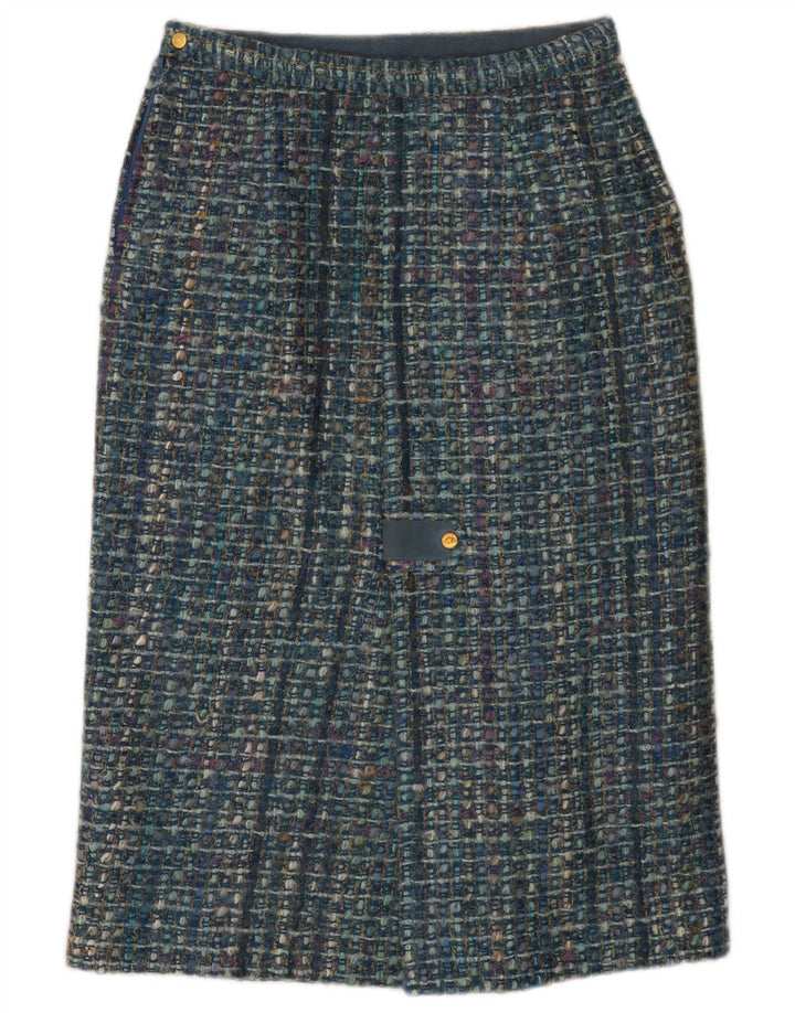 Saia reta feminina vintage W28 xadrez azul médio