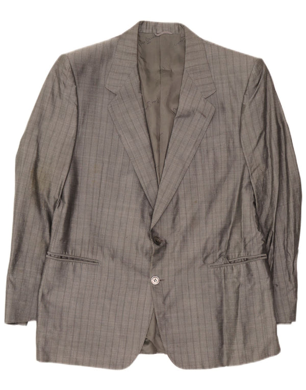 Jaqueta blazer masculina Pierre Cardin com 2 botões Reino Unido 38 seda listrada cinza médio