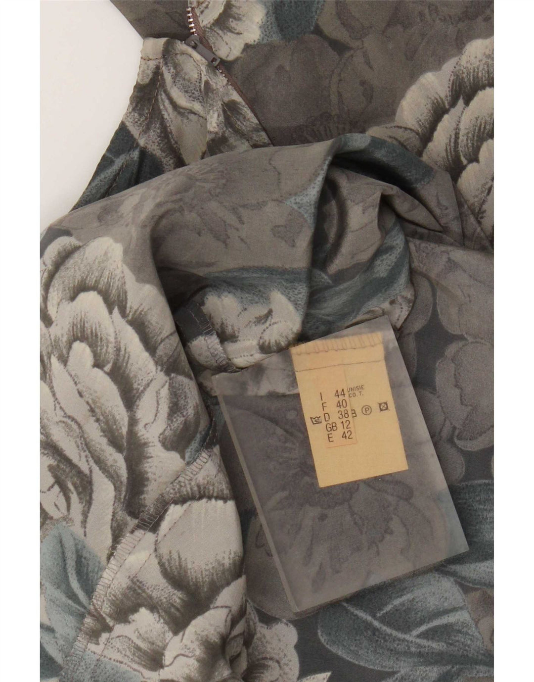 Vestido feminino vintage de manga comprida com bainha UK 12 poliéster floral cinza médio