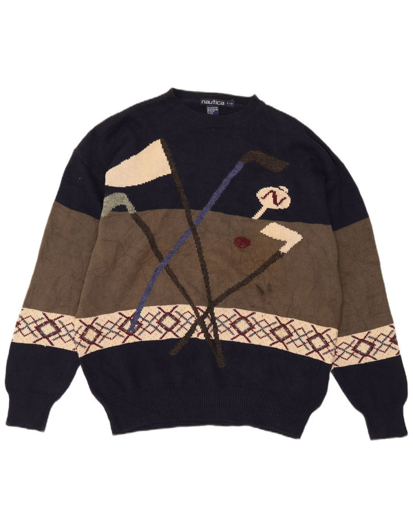 Suéter masculino Nautica Golf com gola redonda, grande bloco colorido multicolorido