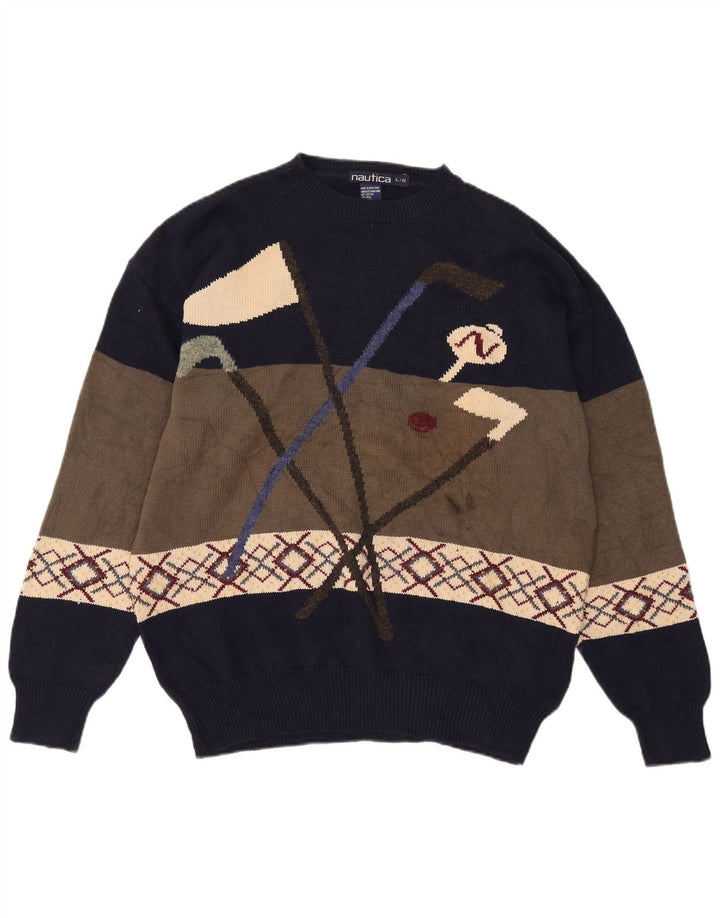 Suéter masculino Nautica Golf com gola redonda, grande bloco colorido multicolorido