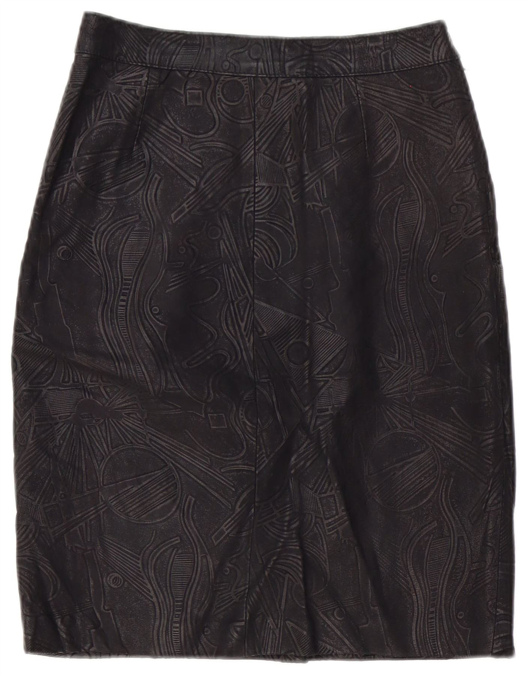 Saia de couro feminina vintage W26 pequena geométrica preta