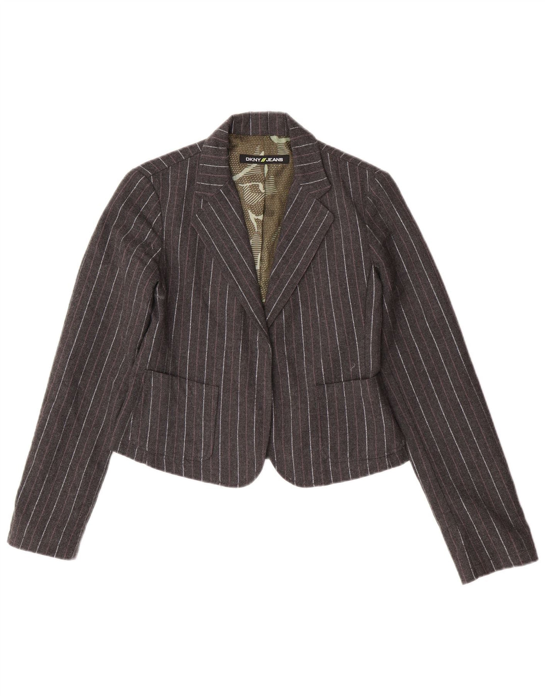 Jaqueta Blazer Feminina Dkny Crop Open UK 12 Poliéster Risca de Giz Cinza Médio