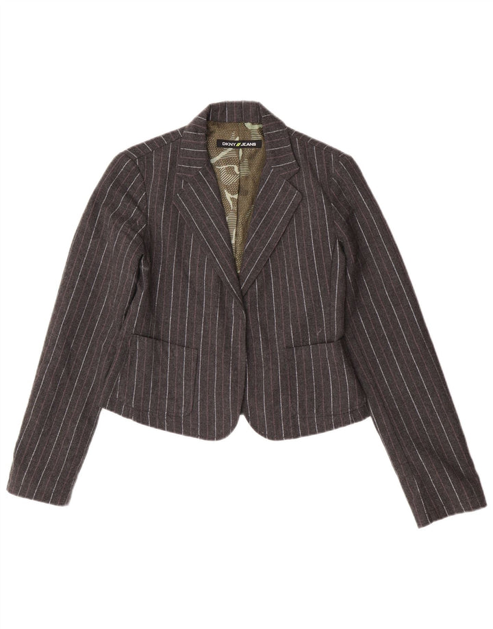 Jaqueta Blazer Feminina Dkny Crop Open UK 12 Poliéster Risca de Giz Cinza Médio