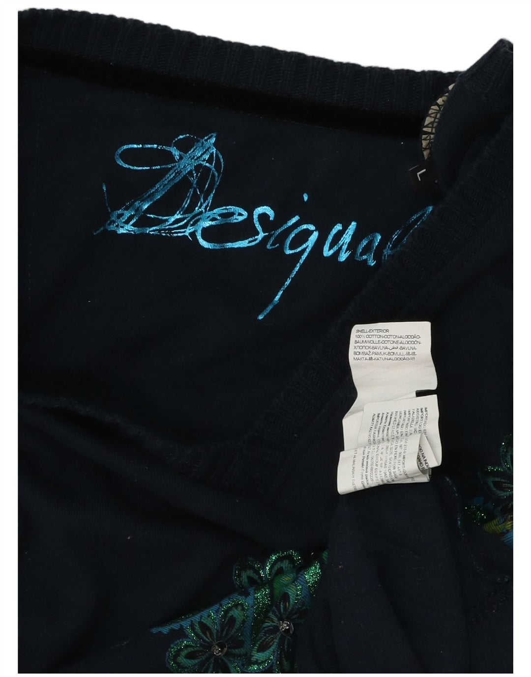 DESIGUAL Top gráfico feminino manga comprida Reino Unido 14 grande azul marinho floral