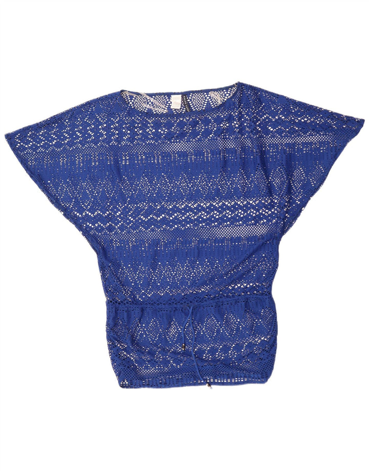 Blusa feminina de crochê Batwing RALPH LAUREN Reino Unido 14 poliéster azul médio