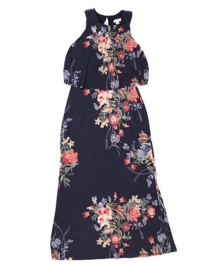 Vestido maxi feminino Monsoon com ombro de fora UK 12 médio azul marinho floral