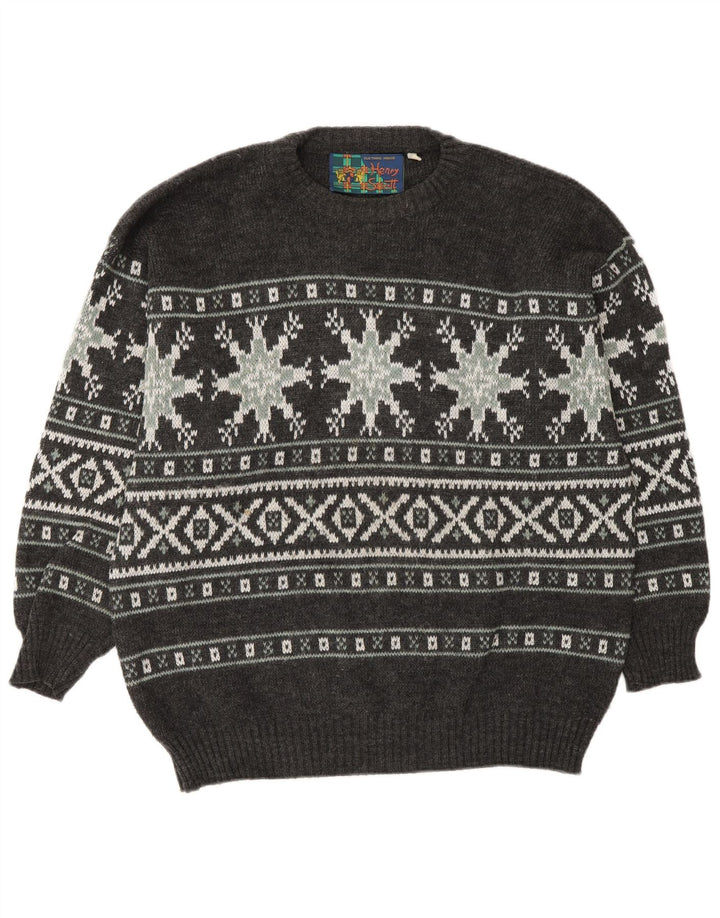 Suéter masculino Henry Scott com gola redonda, cinza médio, acrílico Fair Isle