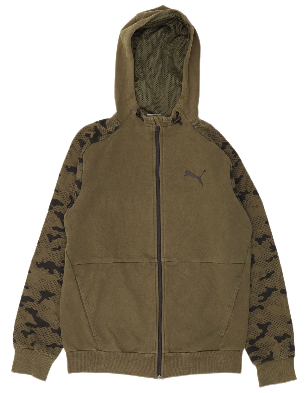 Suéter masculino PUMA com capuz e zíper pequeno camuflado cáqui