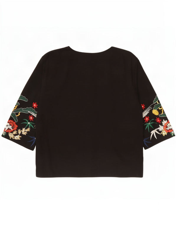 Cardigan gráfico feminino vintage UK 14 grande pássaro floral preto