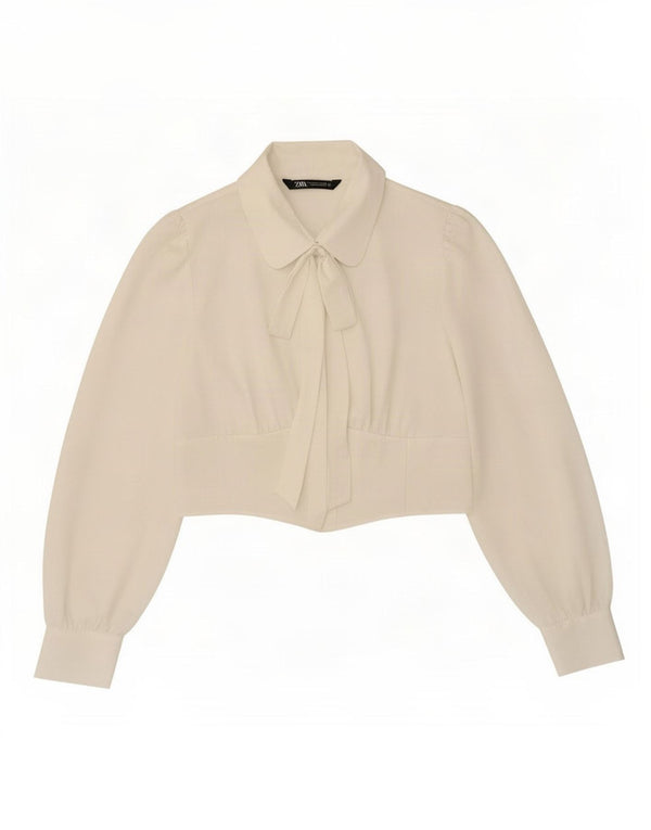 Zara Blusa feminina cropped frontal com gravata frontal Reino Unido 14 grande poliéster branco