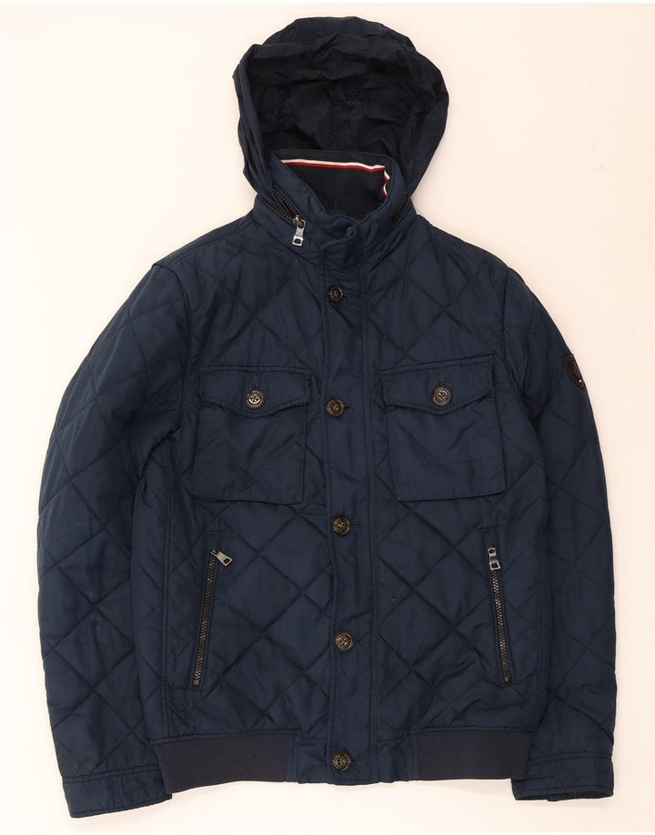 Jaqueta masculina acolchoada com capuz Tommy Hilfiger Reino Unido 36 poliéster azul marinho pequeno