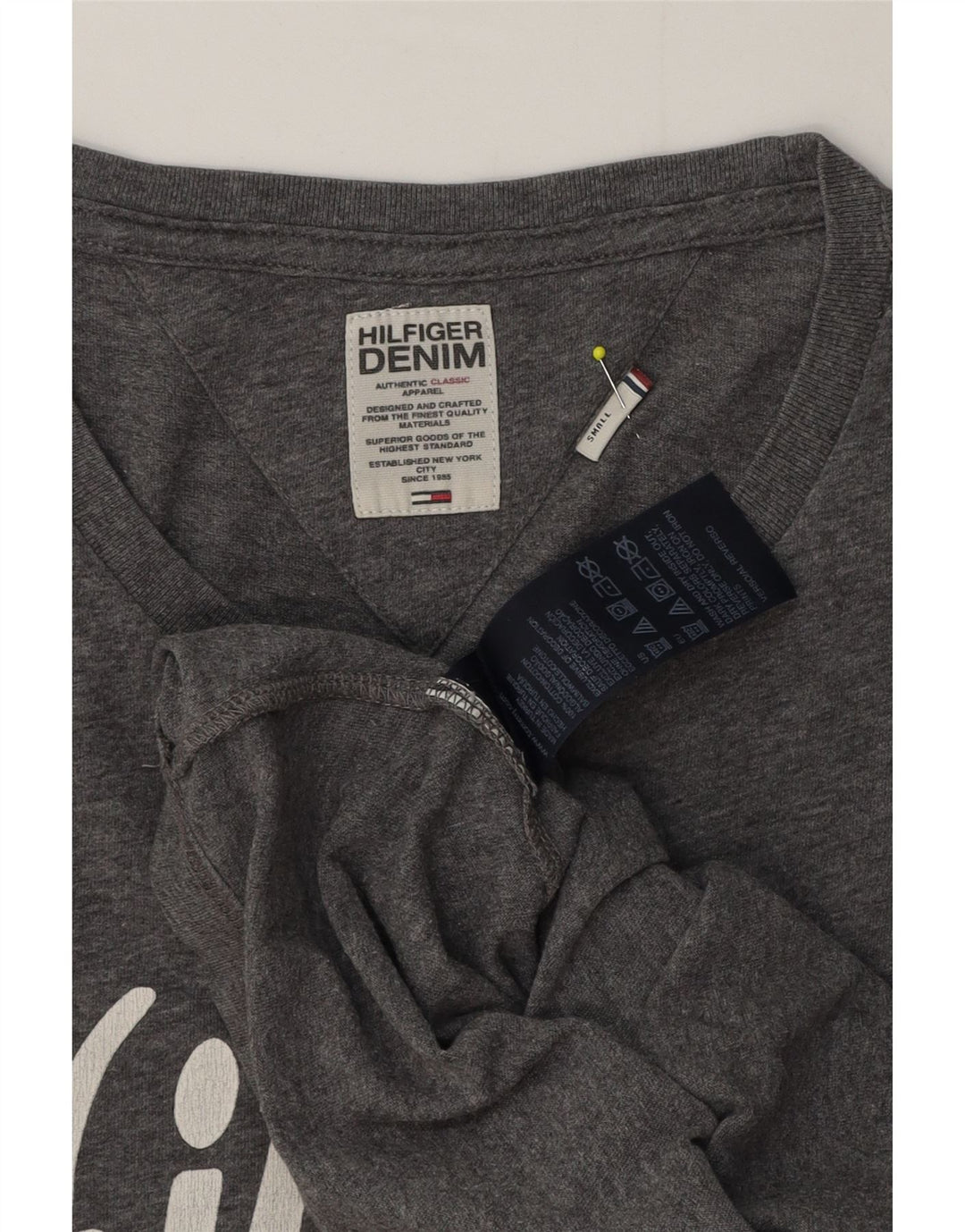 Tommy Hilfiger Camiseta masculina gráfica manga comprida pequena algodão manchado cinza