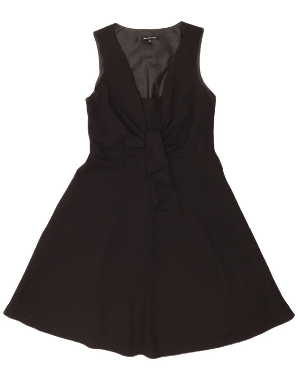 Vestido feminino Laura Ashley sem mangas evasê Reino Unido 12 poliéster preto médio
