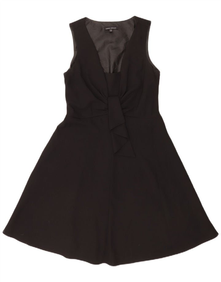 Vestido feminino Laura Ashley sem mangas evasê Reino Unido 12 poliéster preto médio