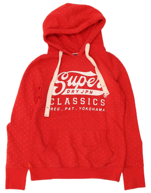 Suéter com capuz gráfico feminino Superdry UK 12 algodão manchado vermelho médio