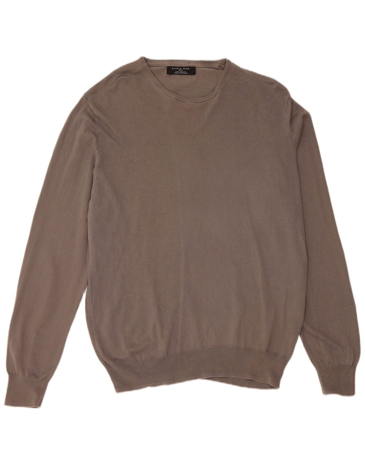 Suéter masculino ZARA com gola redonda e algodão cinza médio