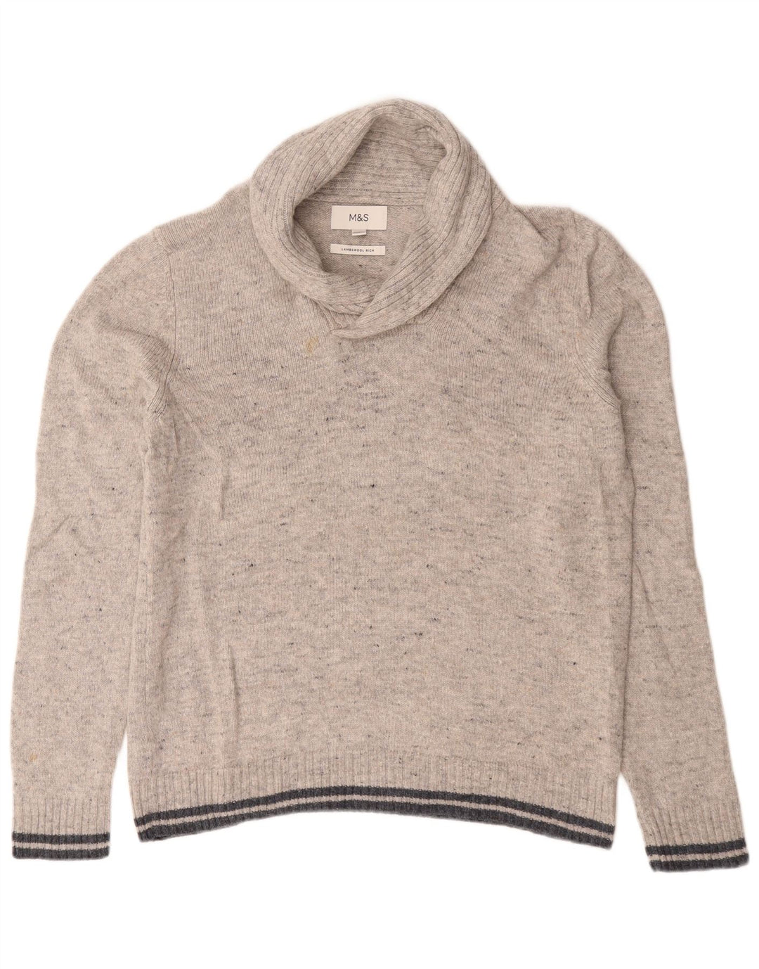 Suéter masculino Marks & Spencer com gola xale, lã de carneiro manchada cinza grande
