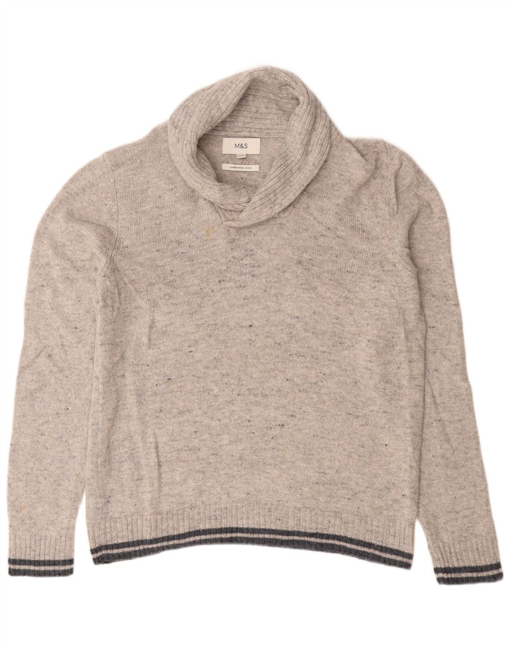 Suéter masculino Marks & Spencer com gola xale, lã de carneiro manchada cinza grande