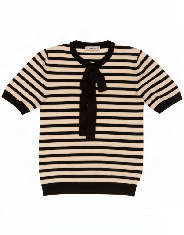 Suéter feminino Zara com gola redonda e viscose listrada preta grande Reino Unido 14
