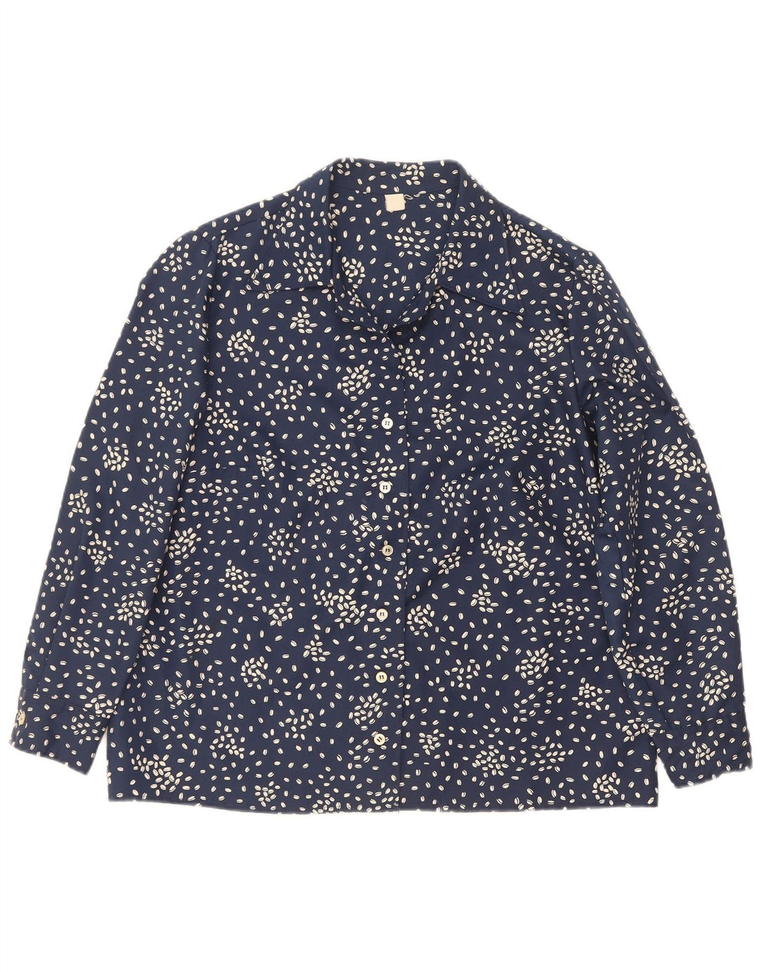 Blusa feminina vintage Reino Unido 16 grande poliéster manchado azul marinho
