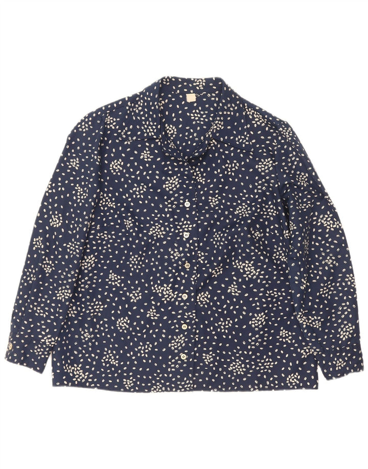 Blusa feminina vintage Reino Unido 16 grande poliéster manchado azul marinho