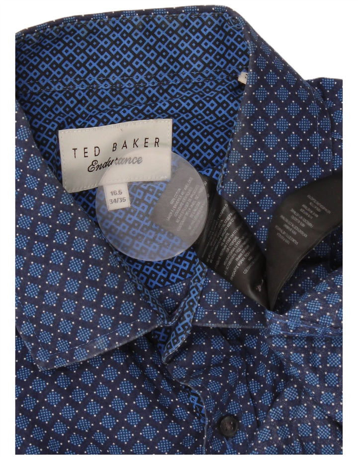 Camisa masculina Ted Baker tamanho 16 1/2 grande algodão geométrico azul