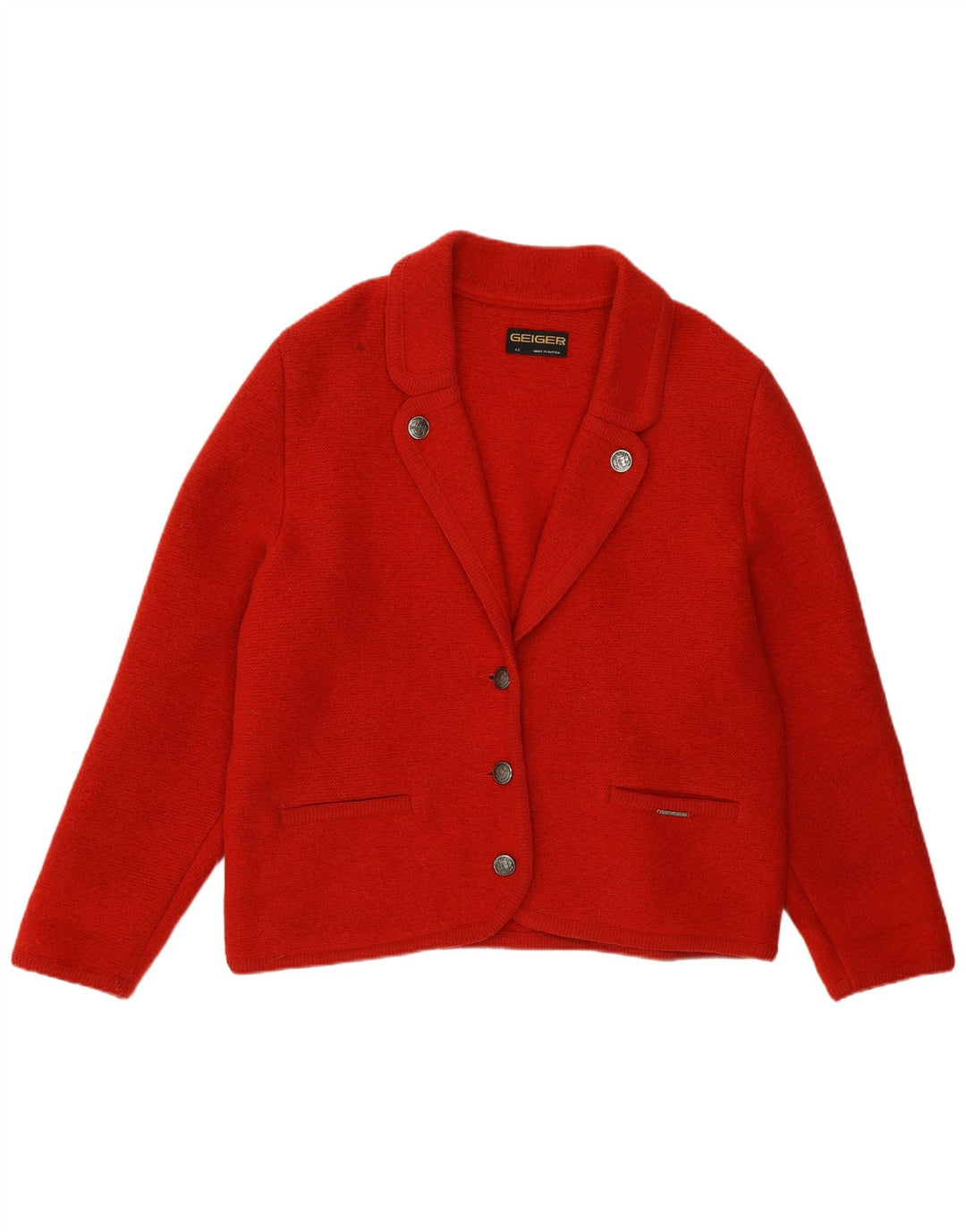 Jaqueta blazer feminina Geiger com 3 botões UE 42 grande vermelha de lã nova