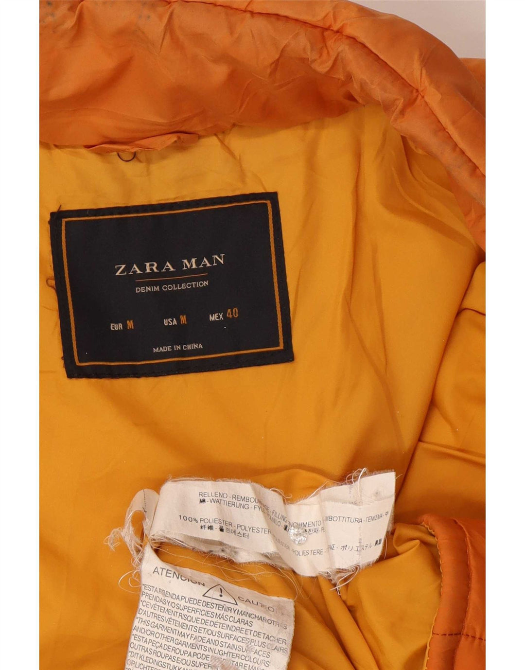 Jaqueta acolchoada masculina Zara UK 38 poliéster colorblock laranja médio
