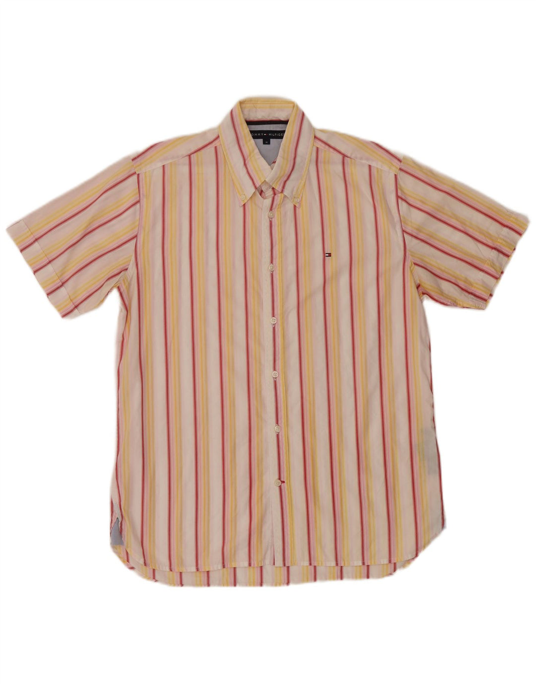 Camisa masculina de manga curta Tommy Hilfiger algodão listrado amarelo médio