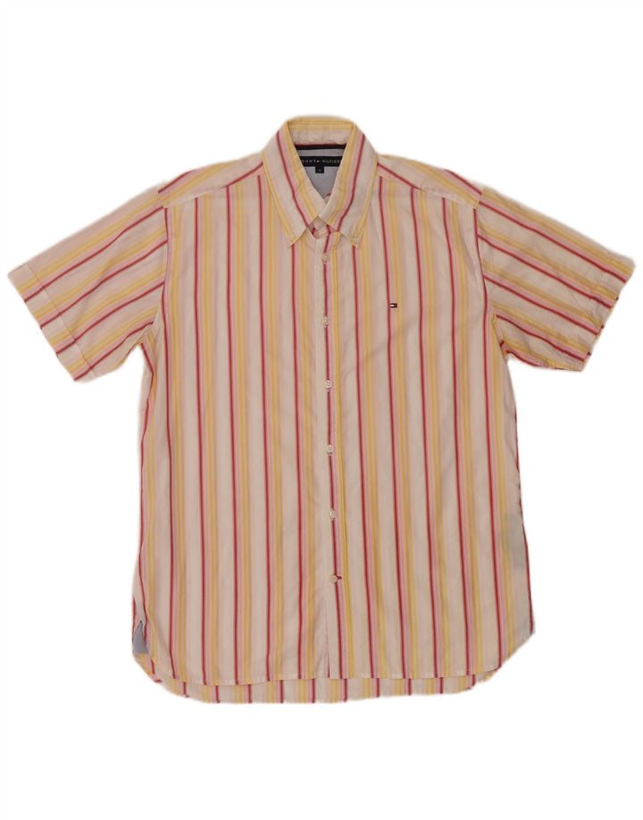 Camisa masculina de manga curta Tommy Hilfiger algodão listrado amarelo médio