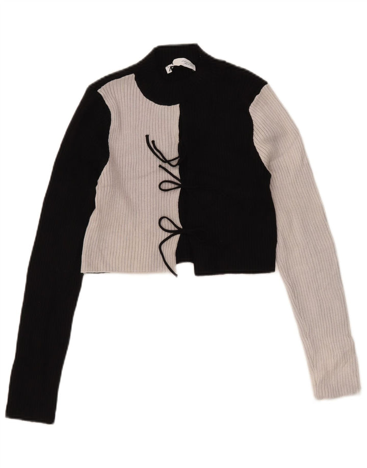 Zara Crop Top Feminino Manga Longa Reino Unido 12 Médio Preto Colourblock Viscose