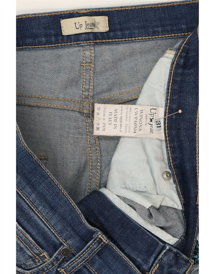 Jeans slim feminino vintage desgastado W31 L28 algodão azul