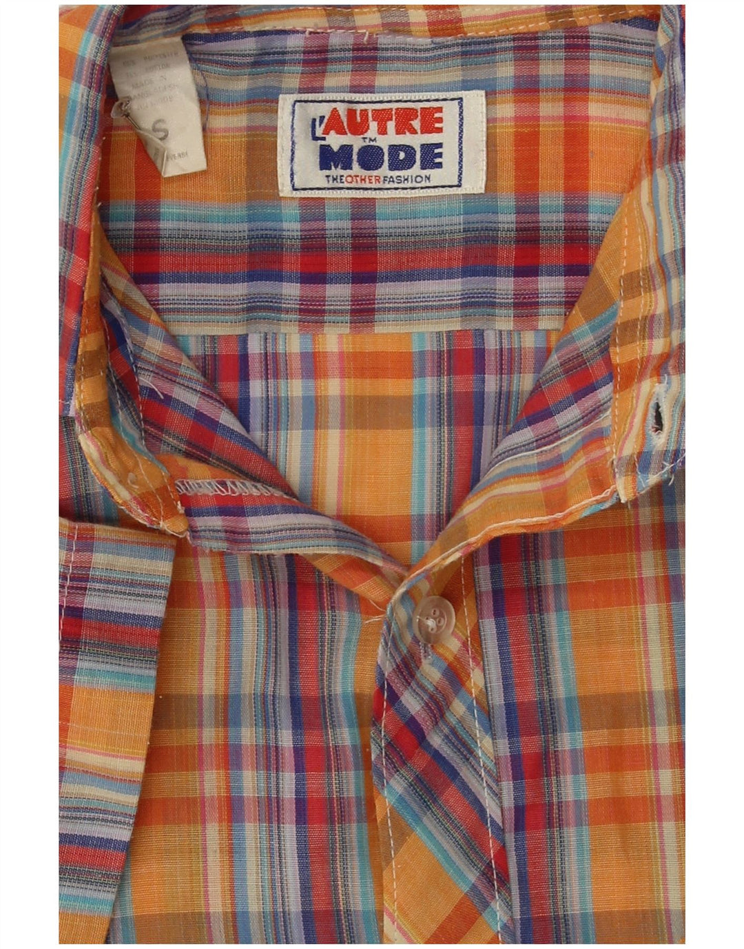 Camisa masculina vintage de manga curta em poliéster xadrez pequeno laranja
