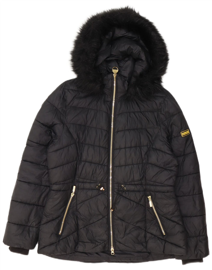 Jaqueta acolchoada com capuz feminina Barbour UK 14 grande poliéster preto
