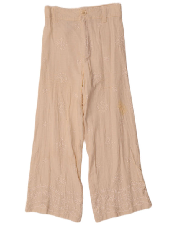 Zara Calça feminina casual de perna larga XS W24 L26 bege floral viscose