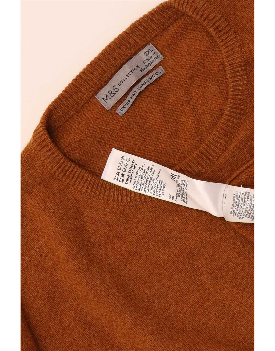 Suéter masculino Marks & Spencer com gola redonda 2XL lã marrom
