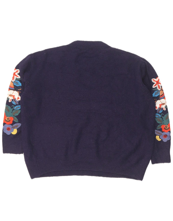 Suéter feminino Zara com gola redonda, Reino Unido 14, médio, azul marinho, floral